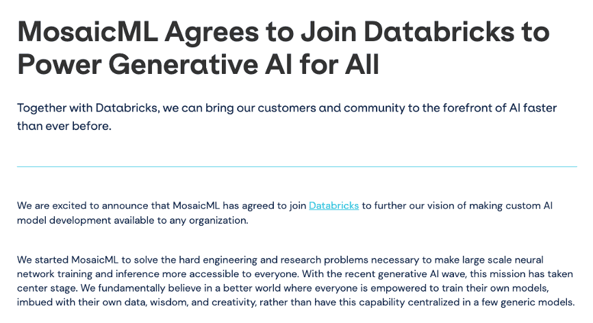 AIGC并购潮拉开帷幕：Databricks13亿美元买下MosaicML，成立仅2年员工60人
