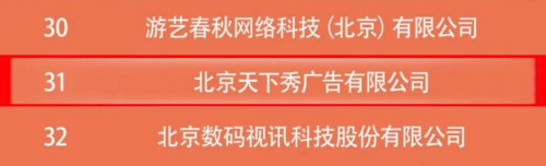 天下秀荣列北京民营企业文化产业百强榜第31名_行业动态